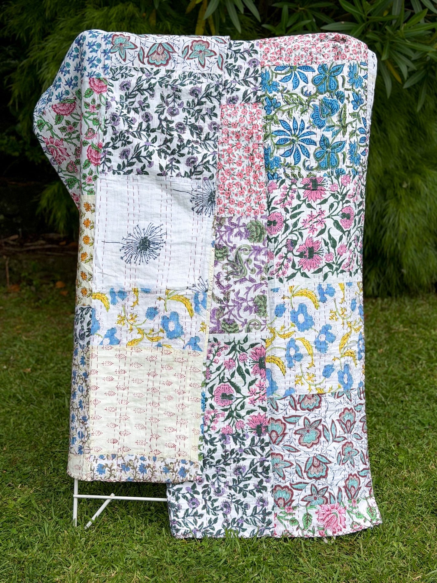 Cotton Kantha Quilt - White Patchwork