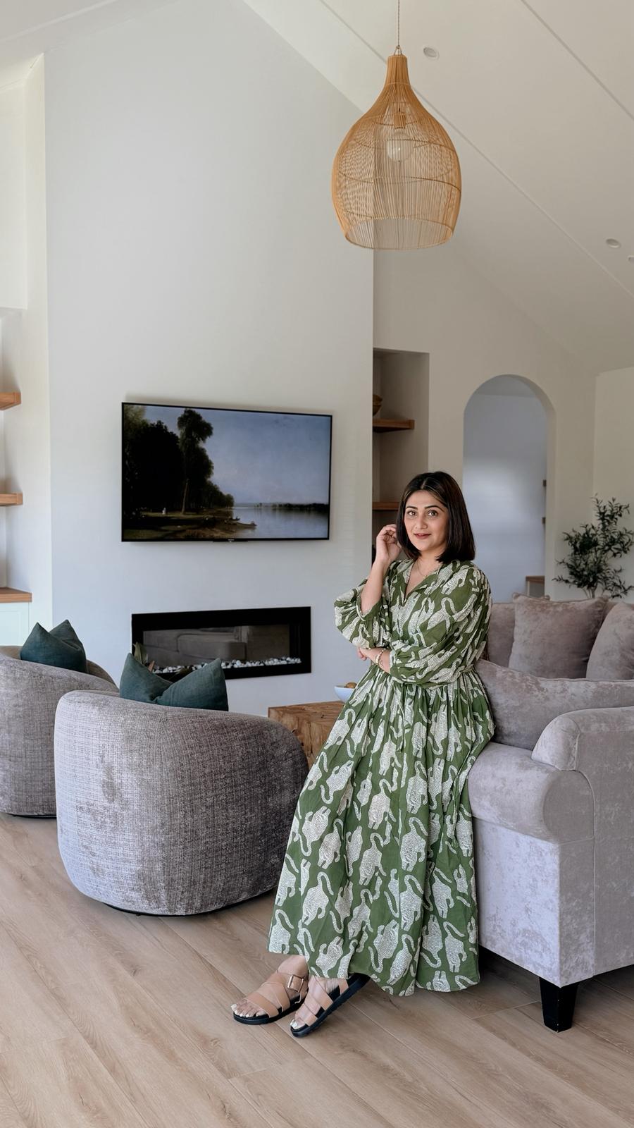 Blockprint Cotton Dress - Green Tiger