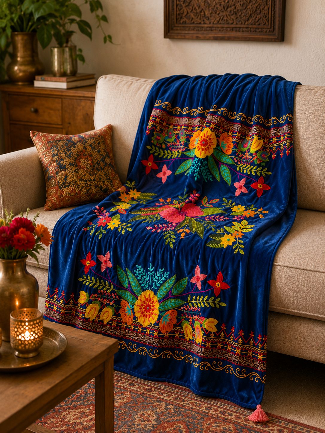 Handembroidered Velvet Throw