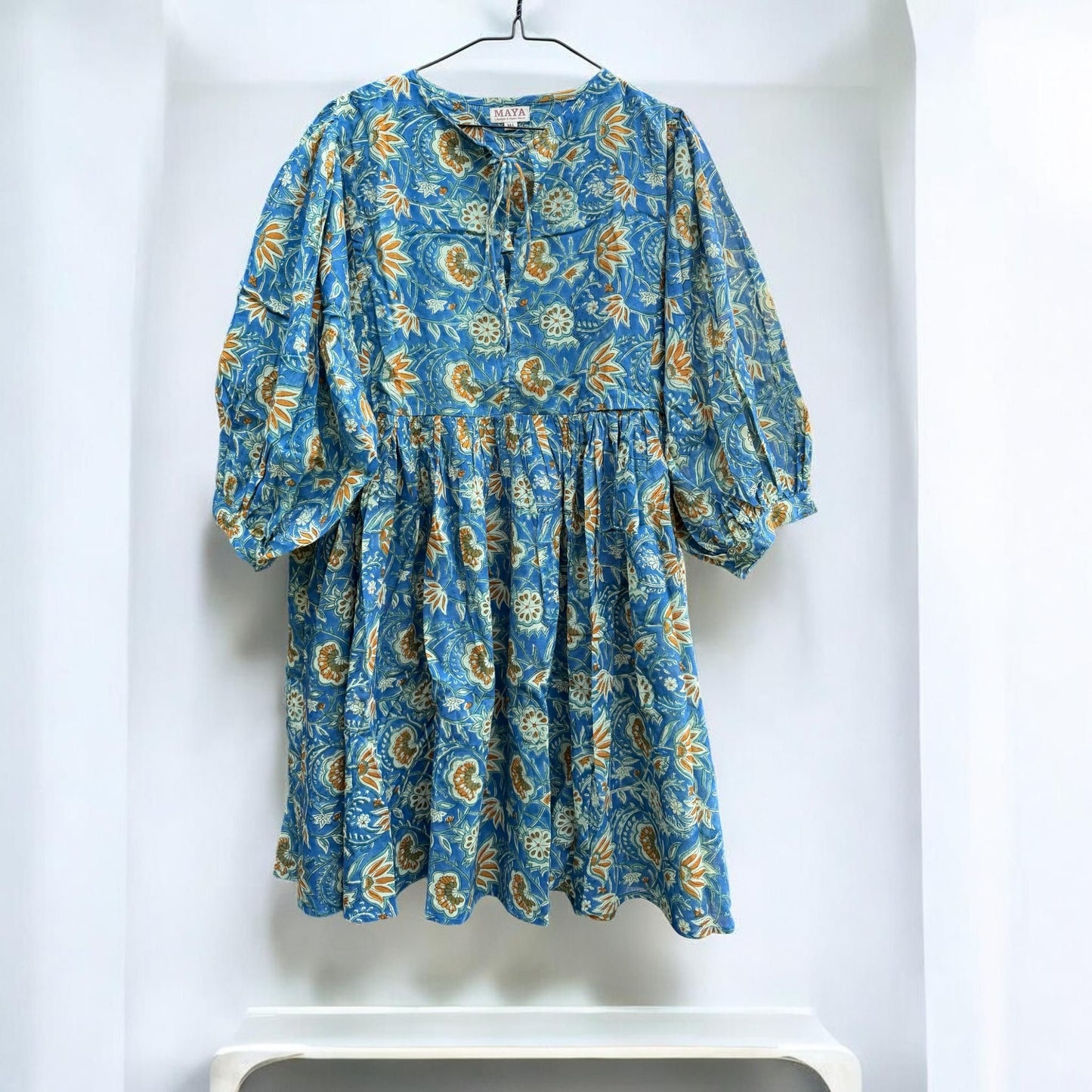 Blockprint Cotton Dress - Blue Mustard (Short/Long)
