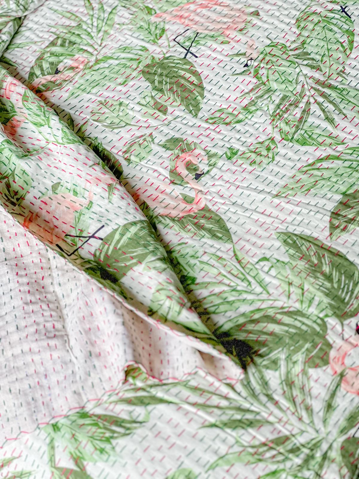 Cotton Kantha Quilt - Flamingo