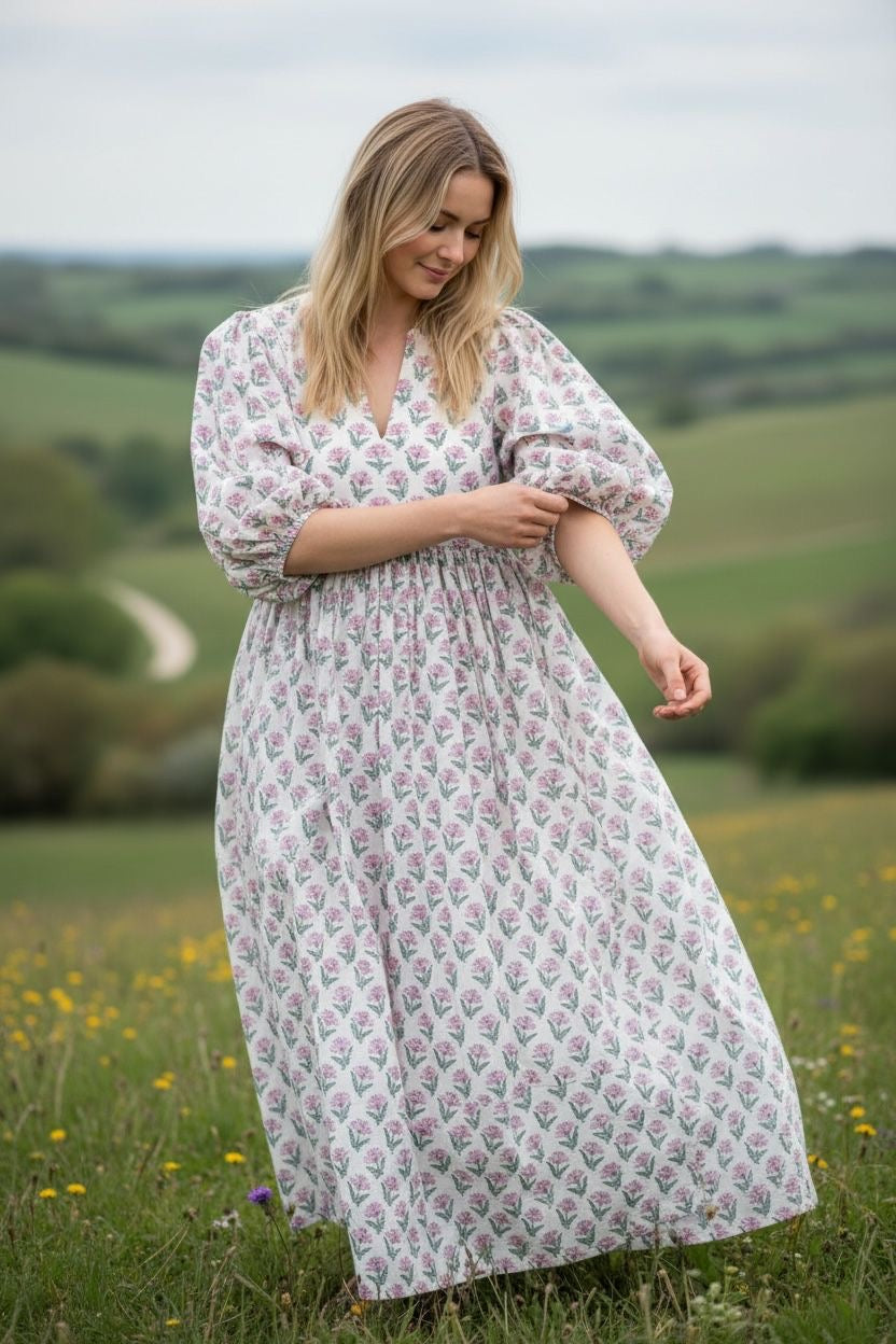 Blockprint Cotton Dress - White Pink