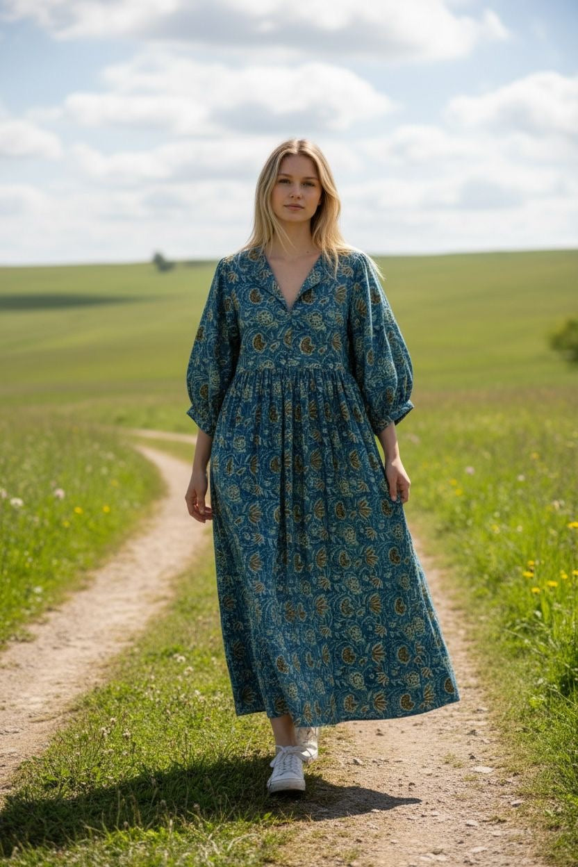 Blockprint Cotton Dress - Blue Mustard
