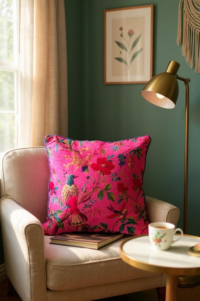 Velvet Cushion Cover - Pink Birdie