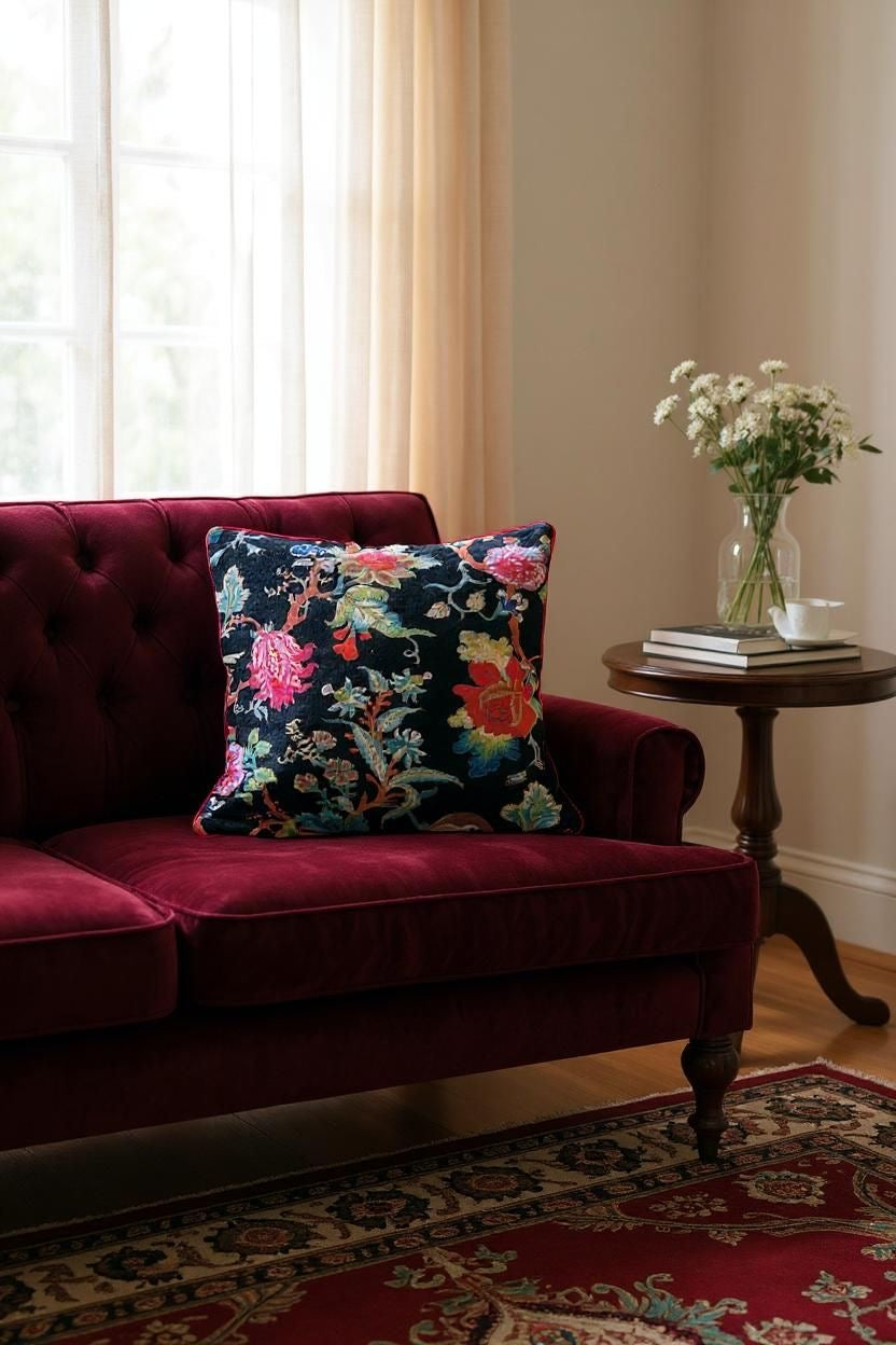 Velvet Cushion Cover - Black Flora