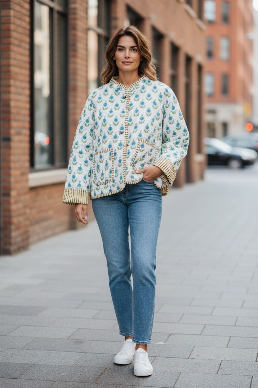 Reversible Cropped Jacket - White Botanica