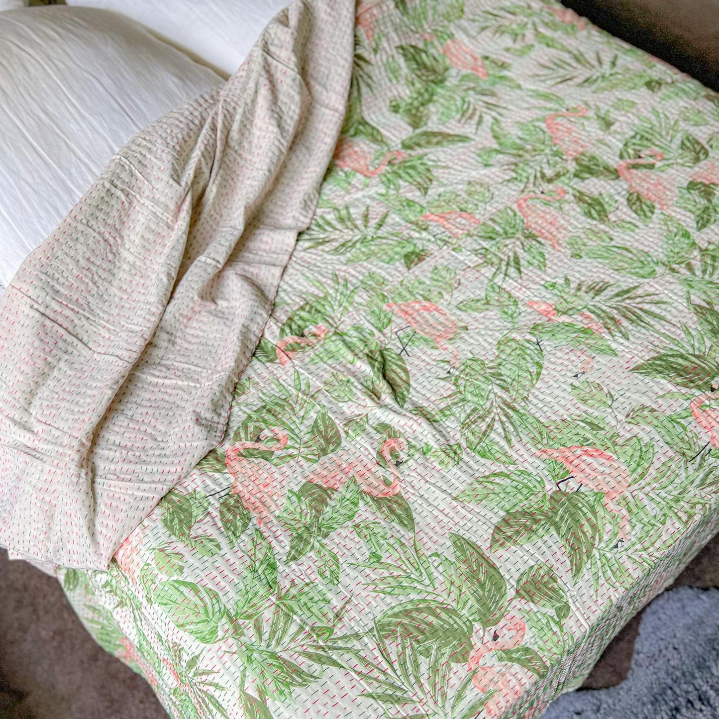 Cotton Kantha Quilt - Flamingo