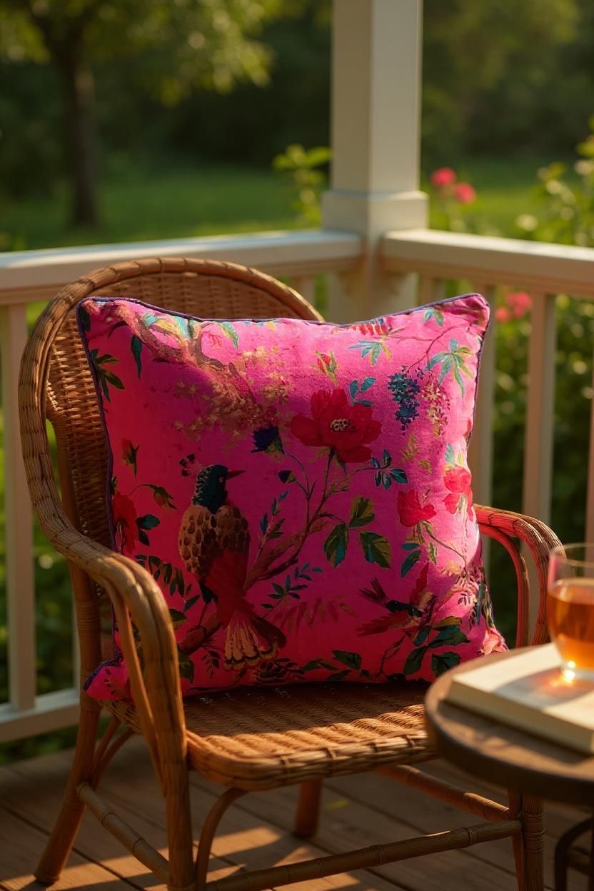 Velvet Cushion Cover - Pink Birdie