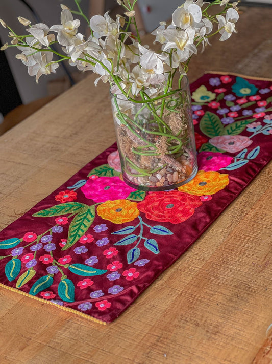 Velvet Table Runner - Ruby Blooms