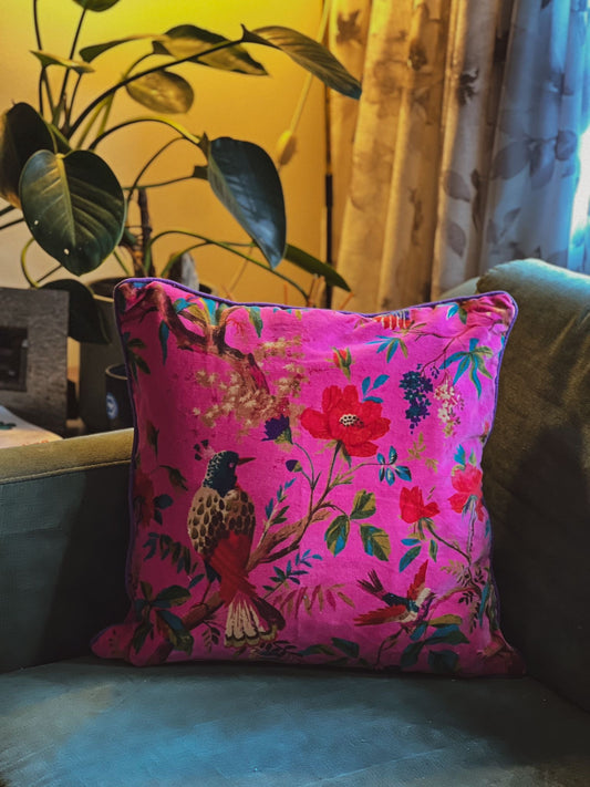 Velvet Cushion Cover - Pink Birdie