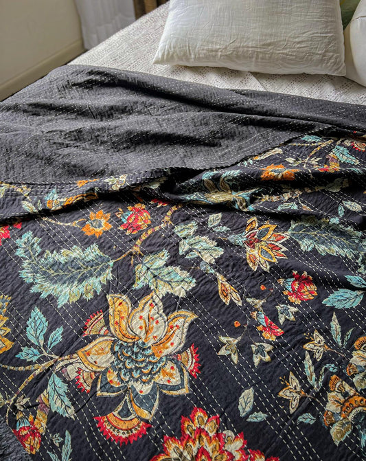 Cotton Kantha Quilt - Black