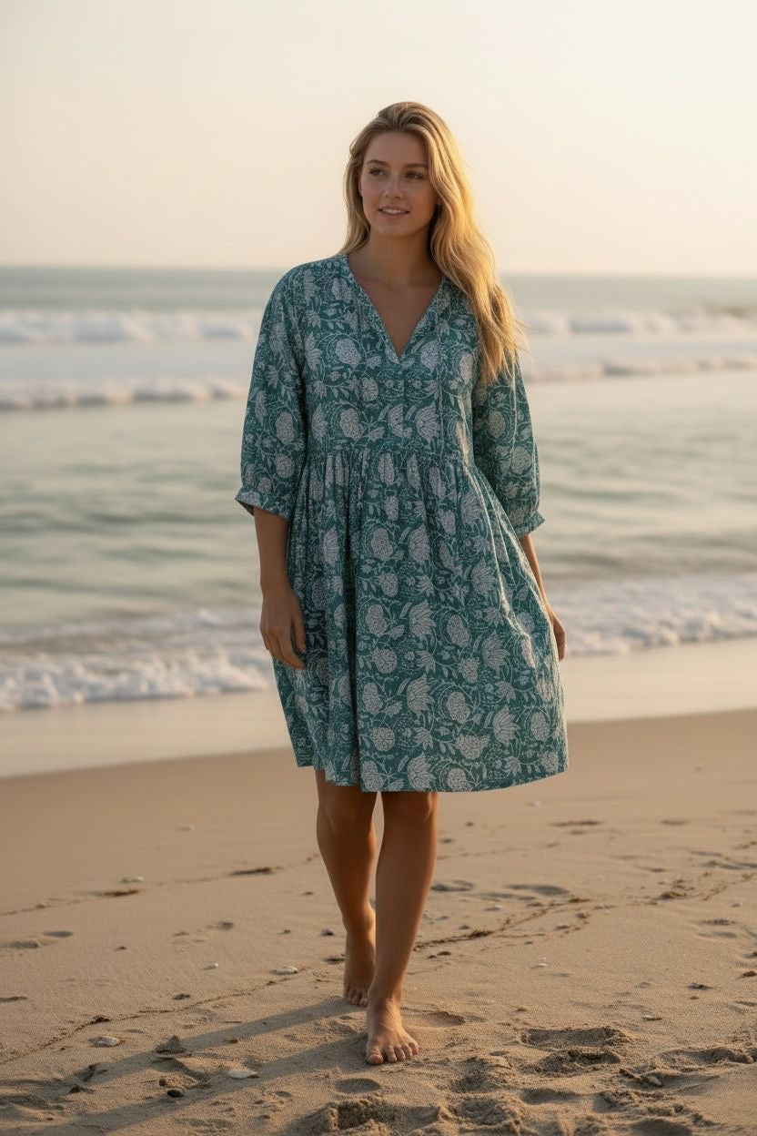 Blockprint Cotton Dress - Teal Blue (Short/Long)