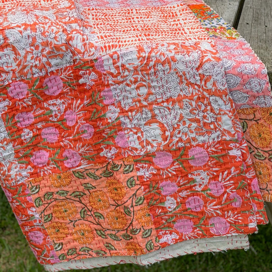 Cotton Kantha Quilt -  Peach Patchwork