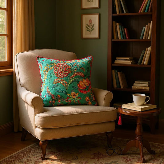 Velvet Cushion Cover - Green Flora