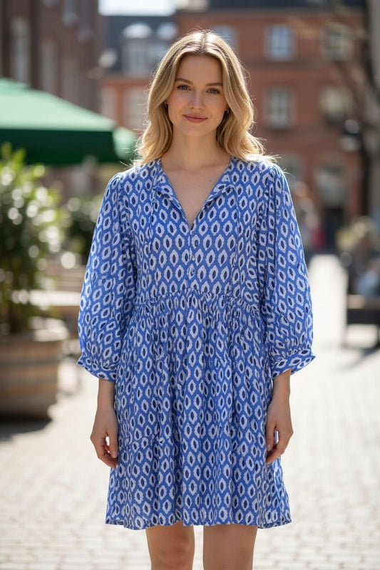 Blockprint Cotton Dress - Blue