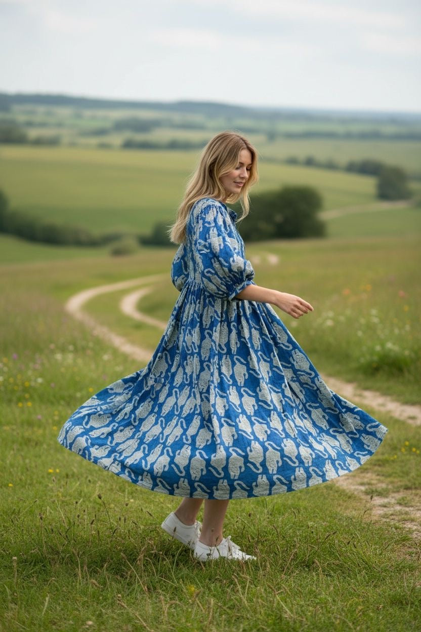 Blockprint Cotton Dress - Blue Tiger