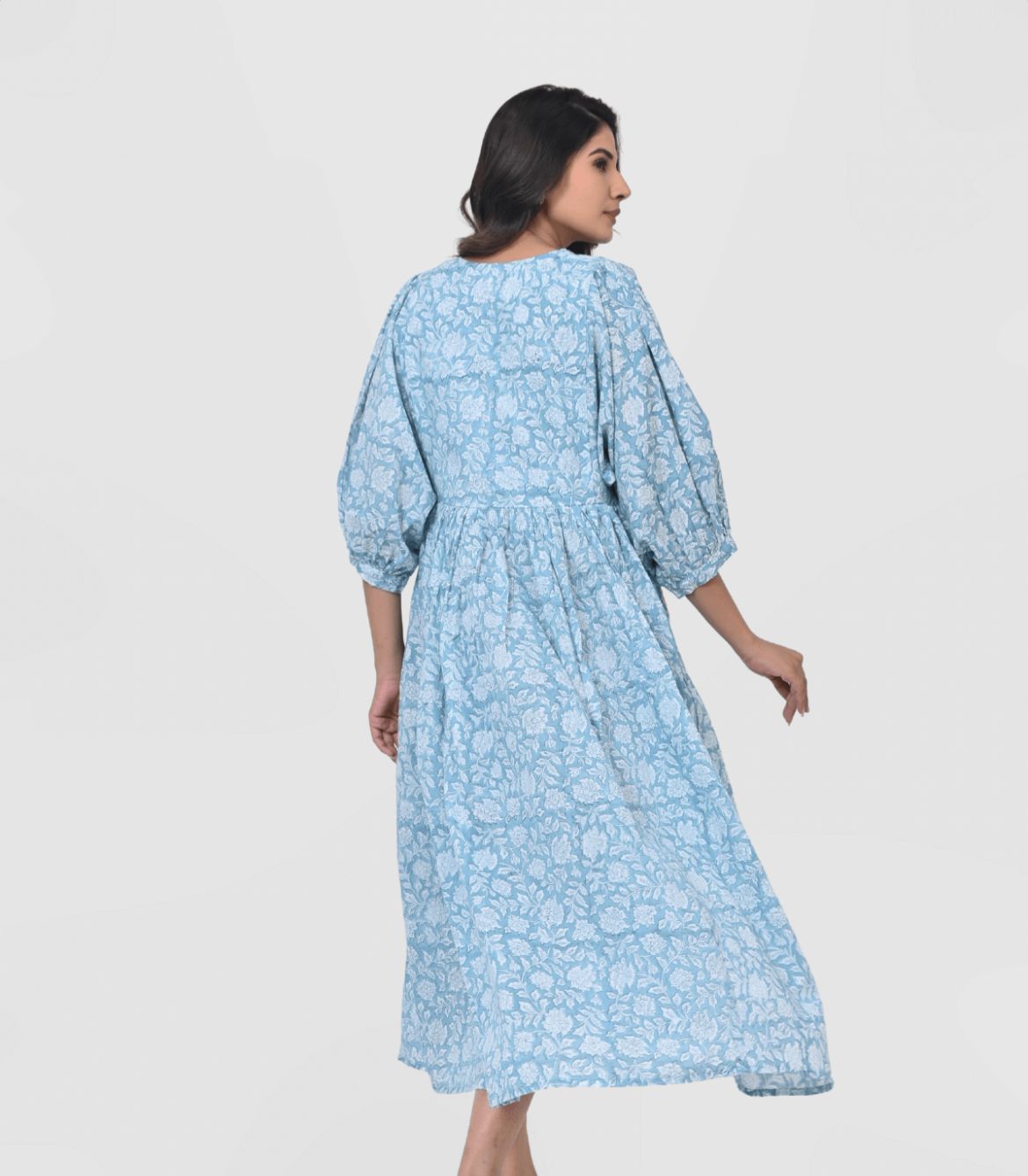 Blockprint Cotton Dress - Light Blue