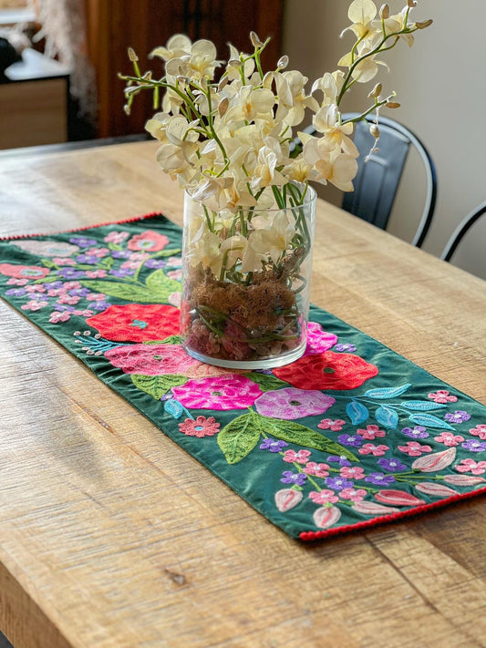 Velvet Table Runner -  Green Blooms