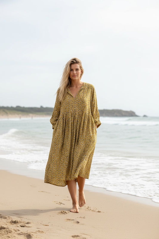 Blockprint Cotton Dress - Mustard Geomety (Short/Long)