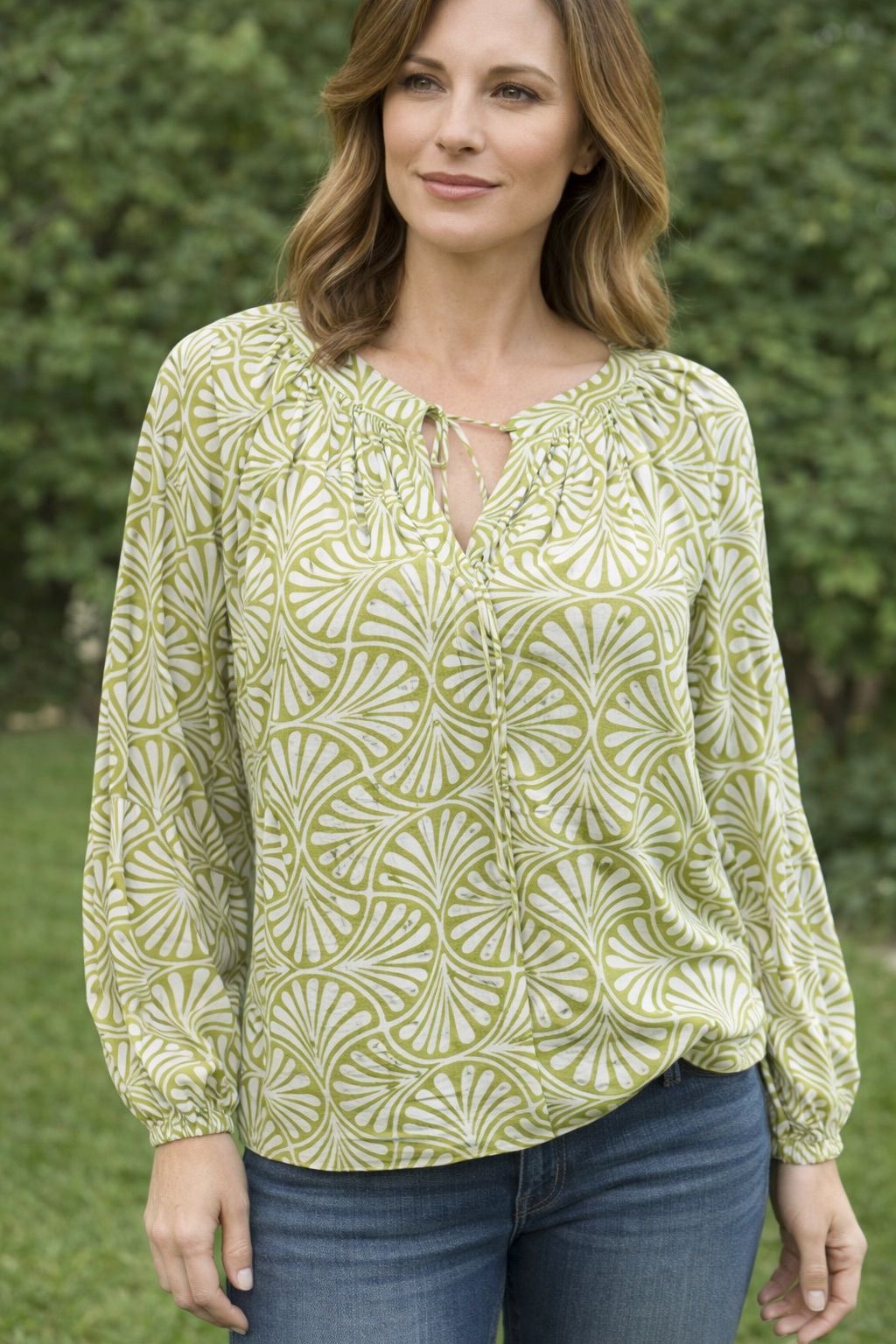 Handblock Print Straight Top - Olive Abstract