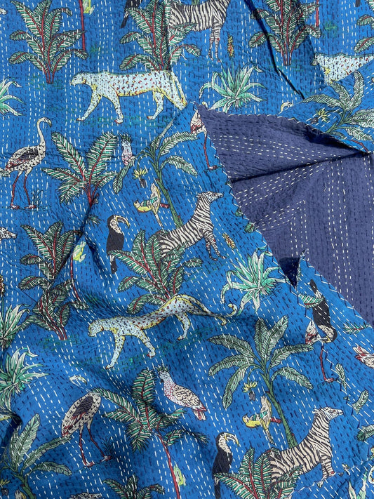 Cotton Kantha Quilt - Blue Jungle