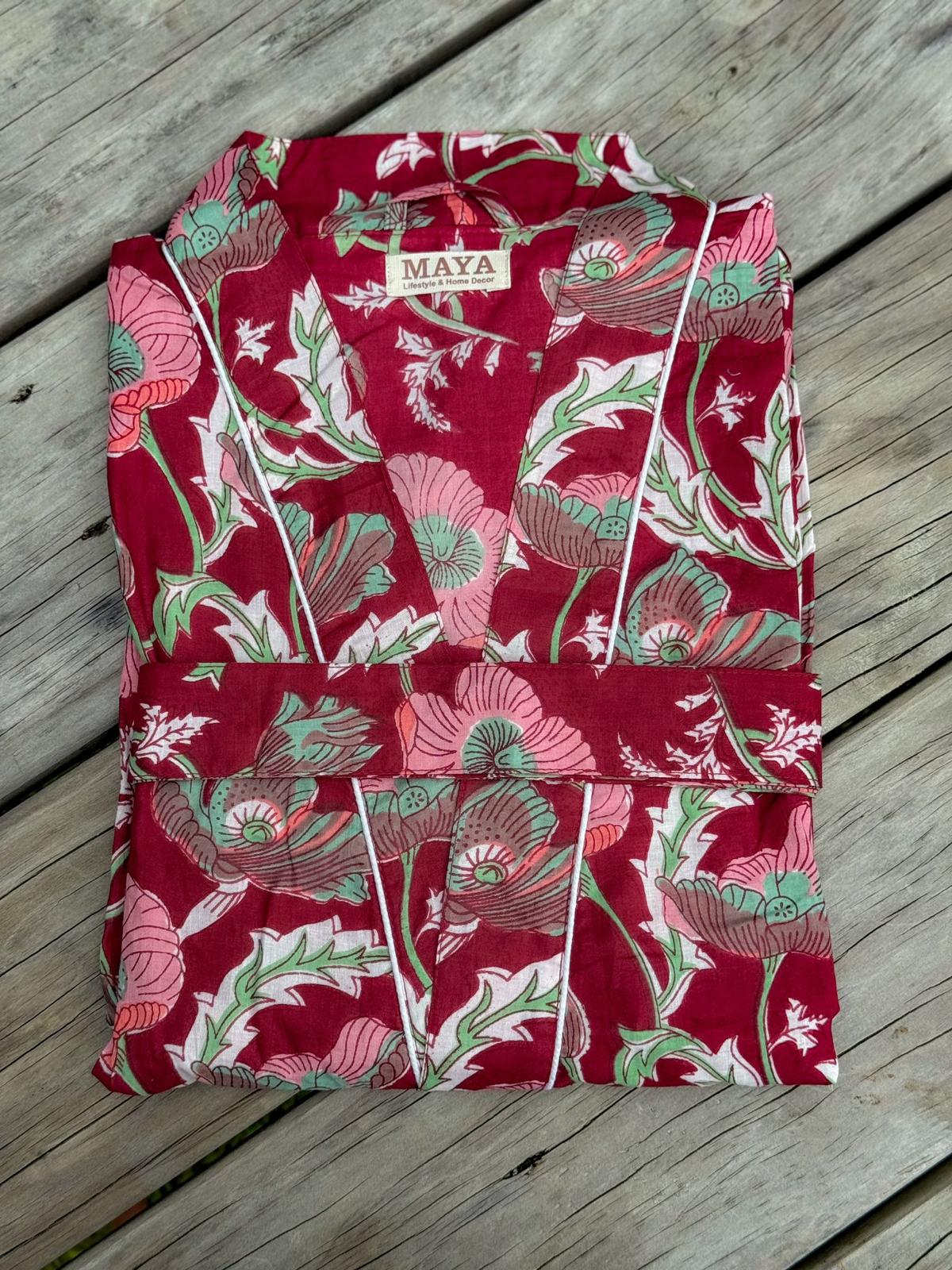 Cotton Kimono - Maroon Poppy