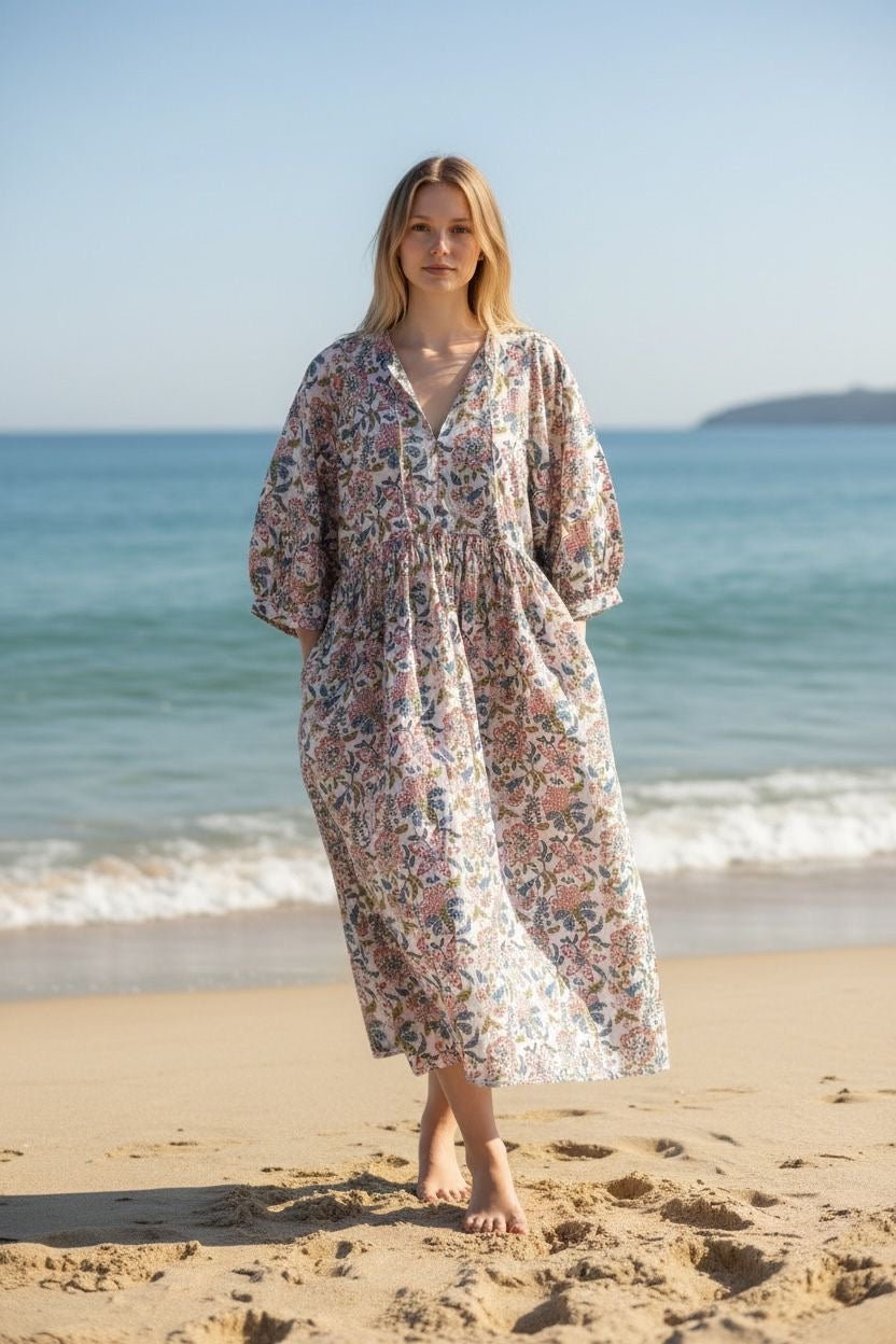 Blockprint Cotton Dress - Safed Phool (Short/Long)