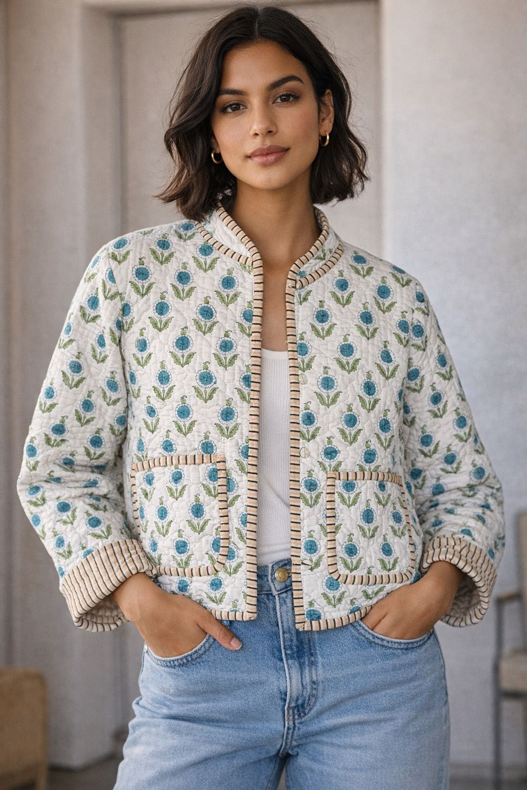 Reversible Cropped Jacket - White Botanica