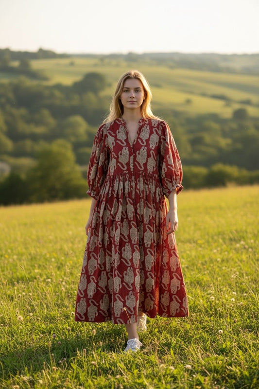 Blockprint Cotton Dress - Red Tiger