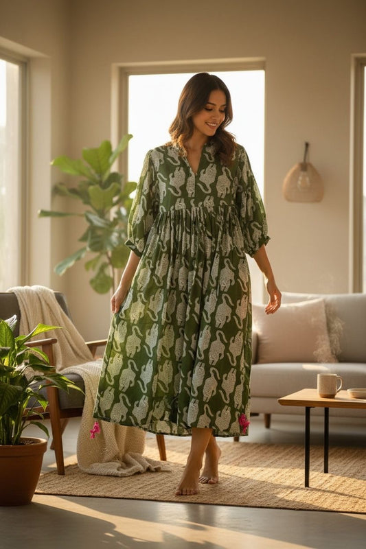 Blockprint Cotton Dress - Green Tiger