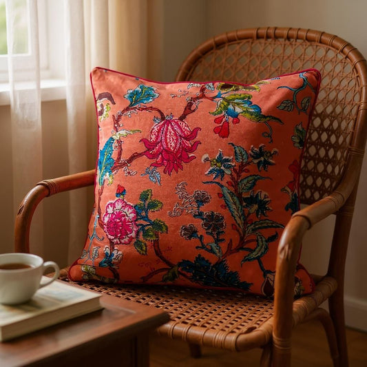 Velvet Cushion Cover - Peach Flora