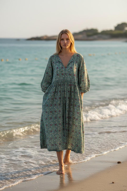 Blockprint Cotton Dress - Green Maroon