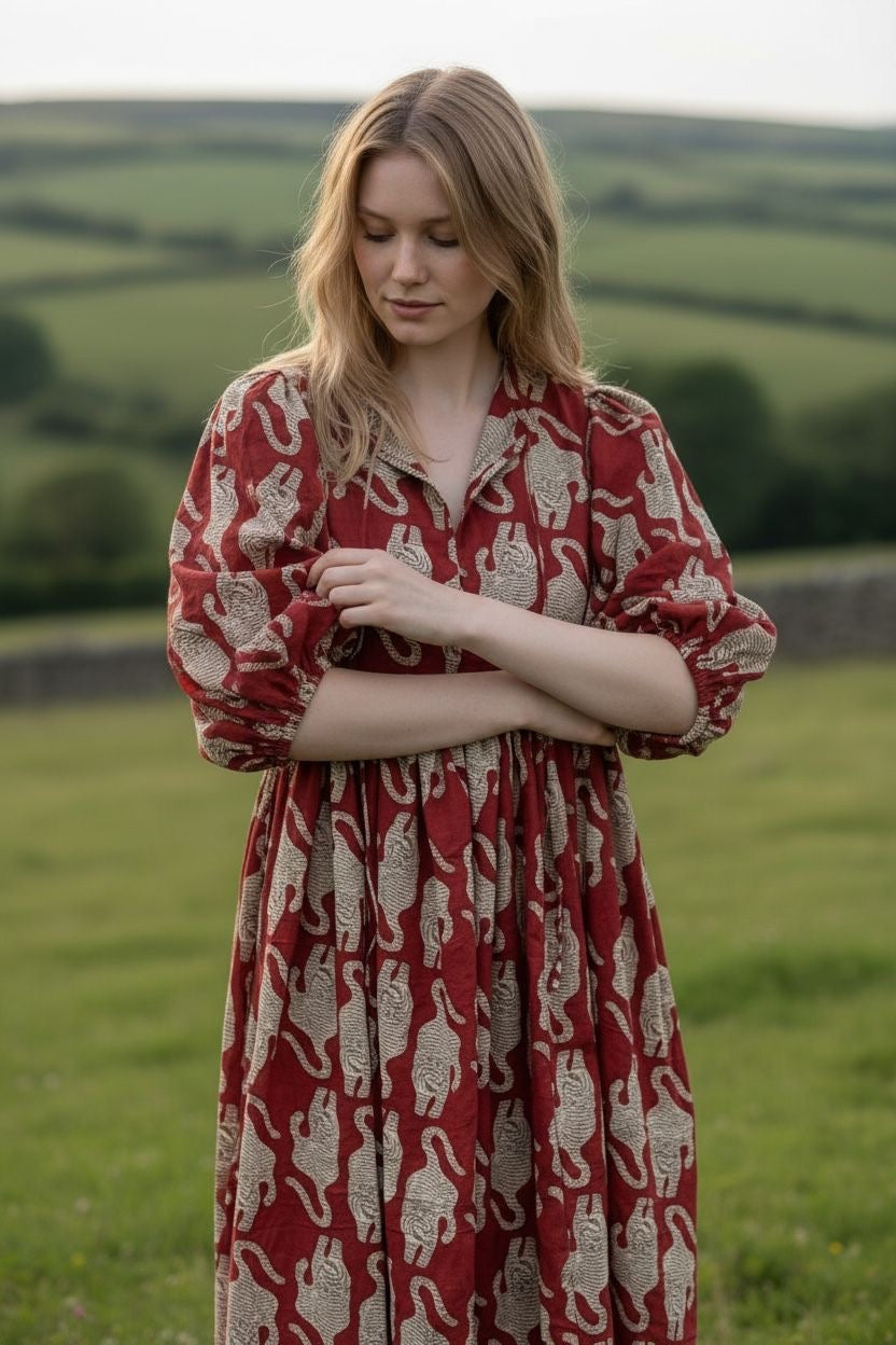 Blockprint Cotton Dress - Red Tiger