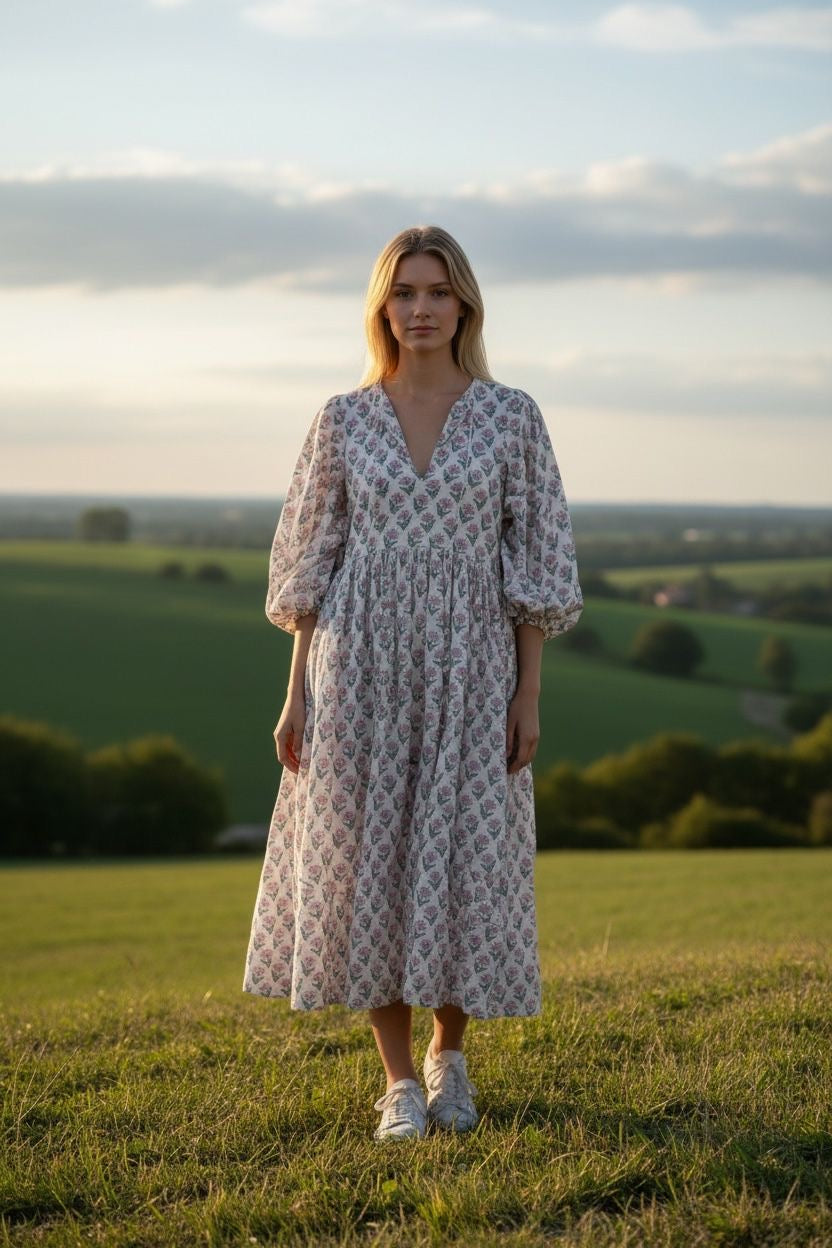 Blockprint Cotton Dress - White Pink