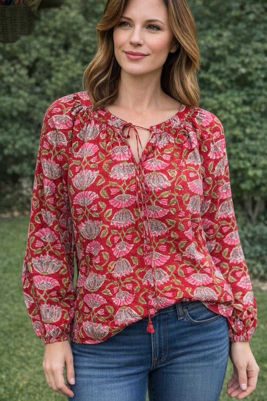 Handblock Print Straight Top - Red Lotus