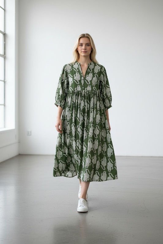 Blockprint Cotton Dress - Green Tiger