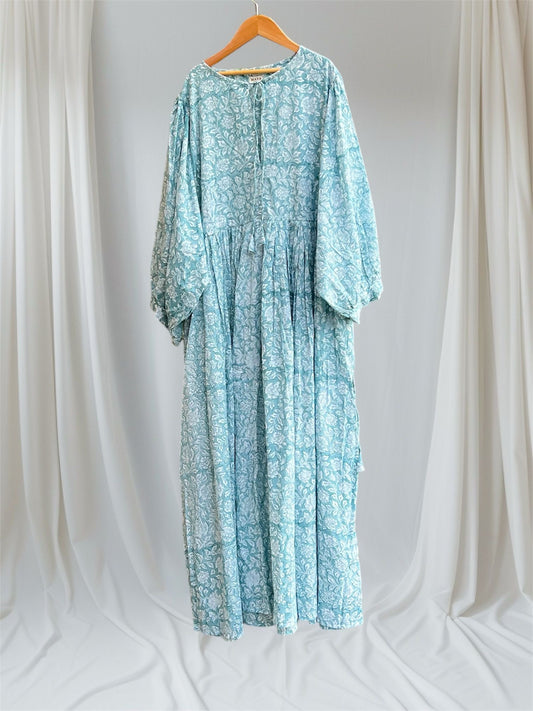 Blockprint Cotton Dress - Light Blue