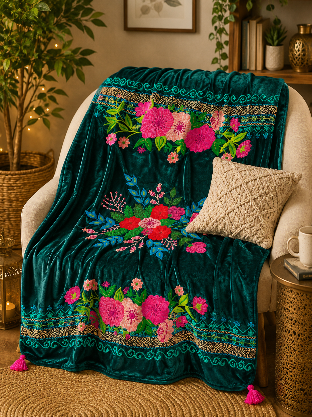 Handembroidered Velvet Throw