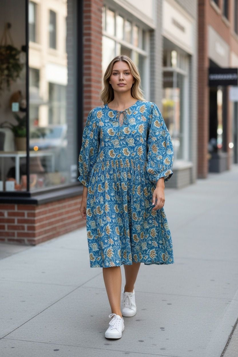 Blockprint Cotton Dress - Blue Mustard (Short/Long)
