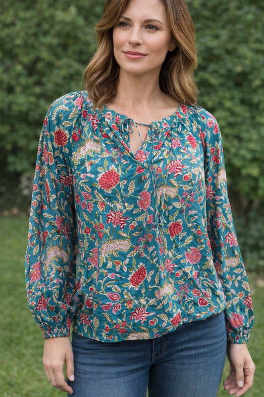 Handblock Print Straight Top - Royal Bloom