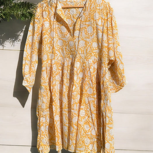 Blockprint Cotton Dress - Yellow