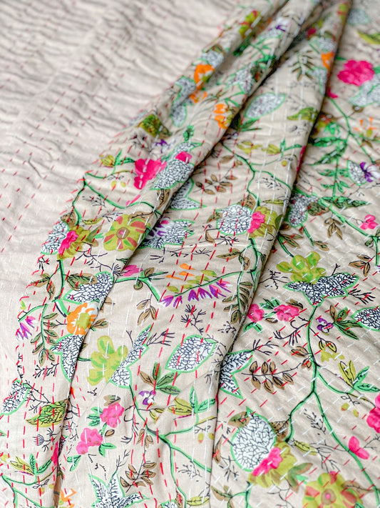 Cotton Kantha Quilt - Beige