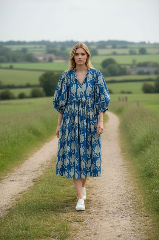 Blockprint Cotton Dress - Blue Tiger