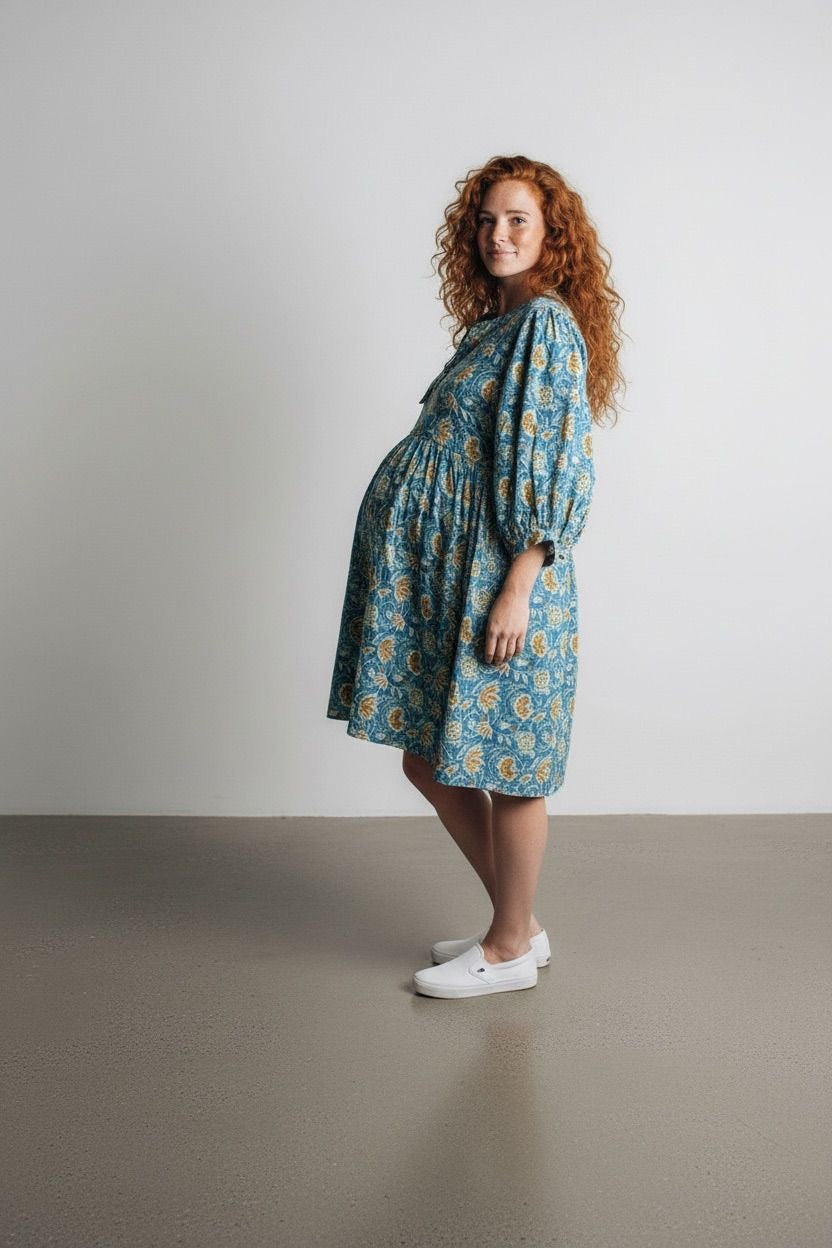 Blockprint Cotton Dress - Blue Mustard (Short/Long)