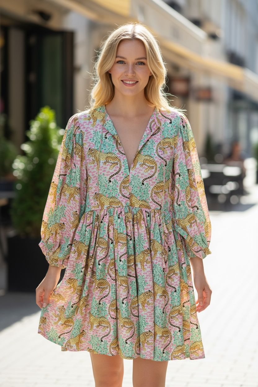 Blockprint Cotton Dress - Leopard