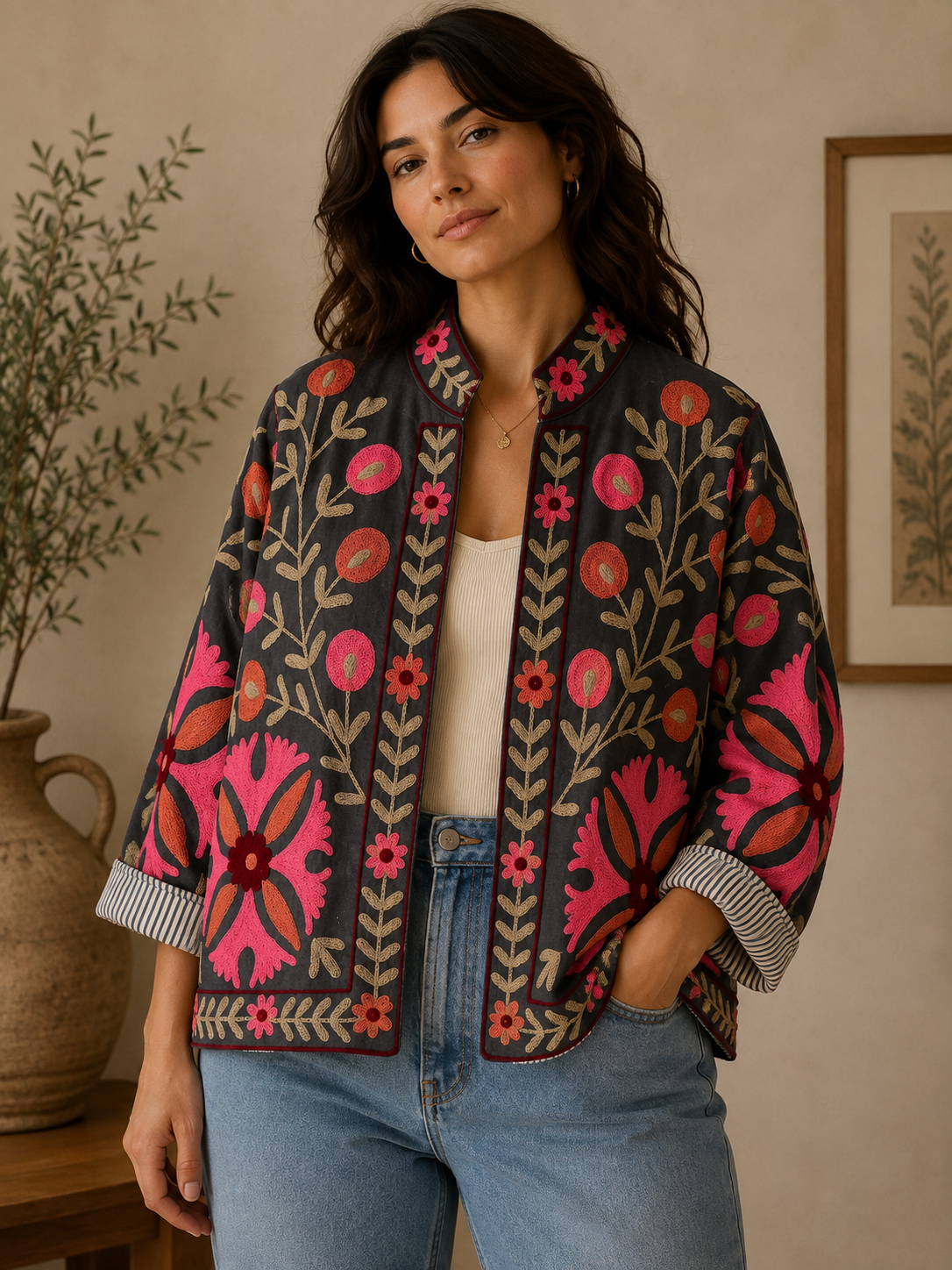 Suzzani Denim Jacket - Coral Bloom