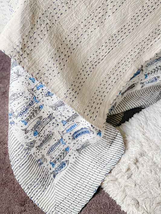Cotton Kantha Quilt - Fish