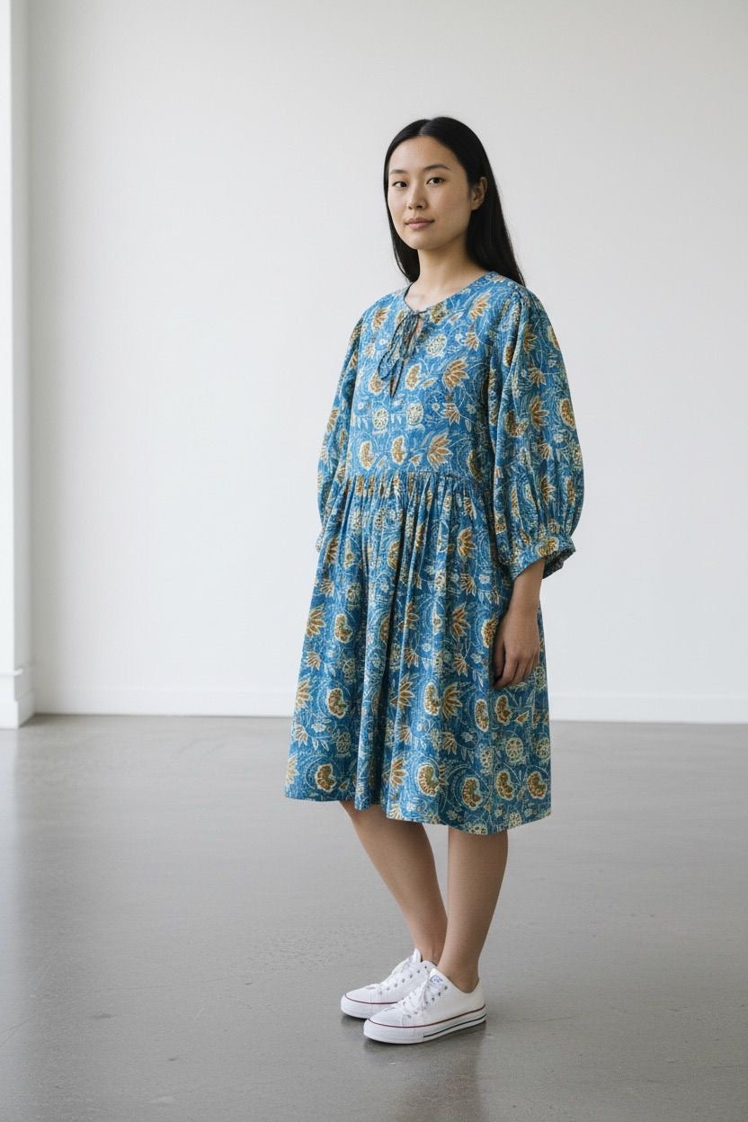 Blockprint Cotton Dress - Blue Mustard (Short/Long)