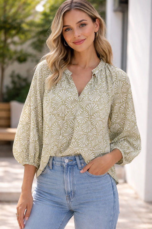 Handblock Print Straight Top - Olive Abstract