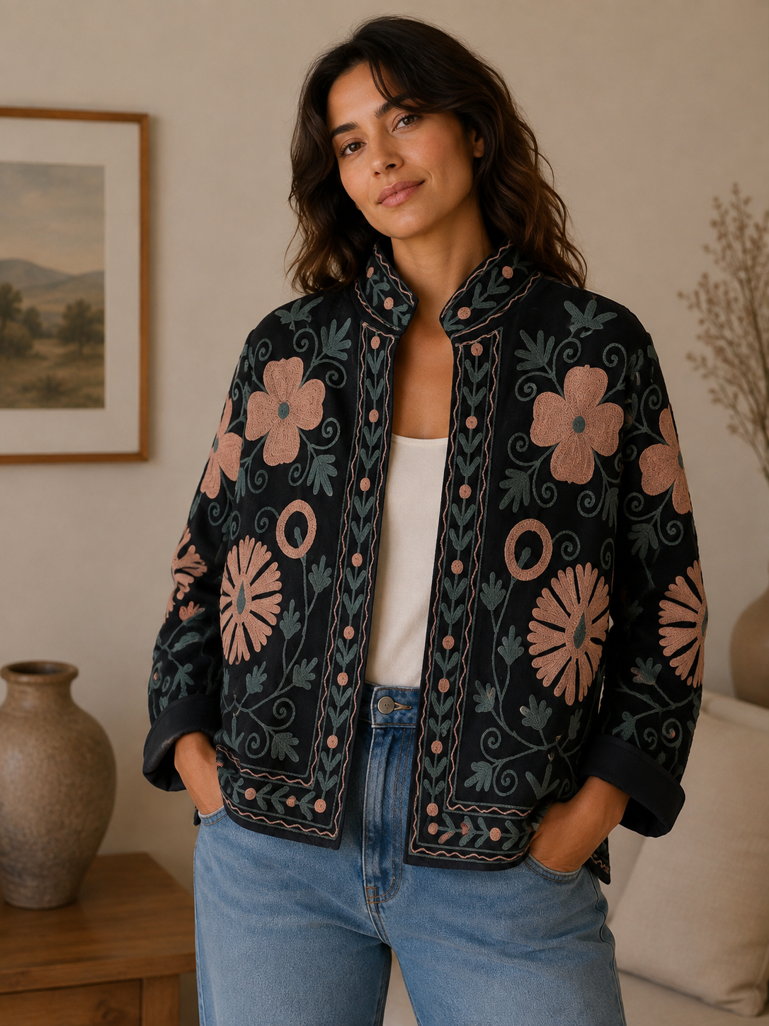 Suzzani Denim Jacket - Dusky Garden